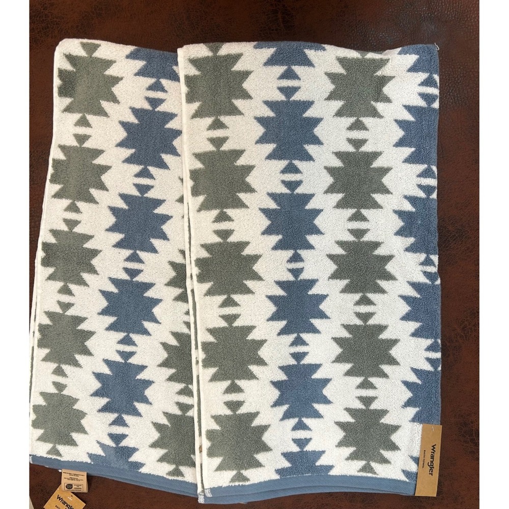 Wrangler Bath Towel Set 2 Pack Southwestern Geometric Blue Green White - Picture 4 of 5